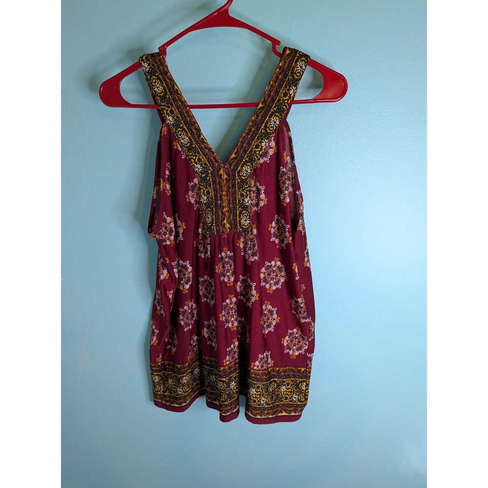 MINE Women Burgundy Boho Medallion Print V-Neck Sleeveless Tank Top TA9957